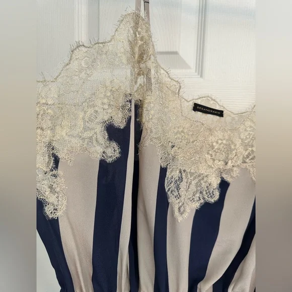 Rosamosario 100% Silk Bodysuit Playsuit Navy Cream Stripes Champagne Lace Silk - Picture 9 of 17